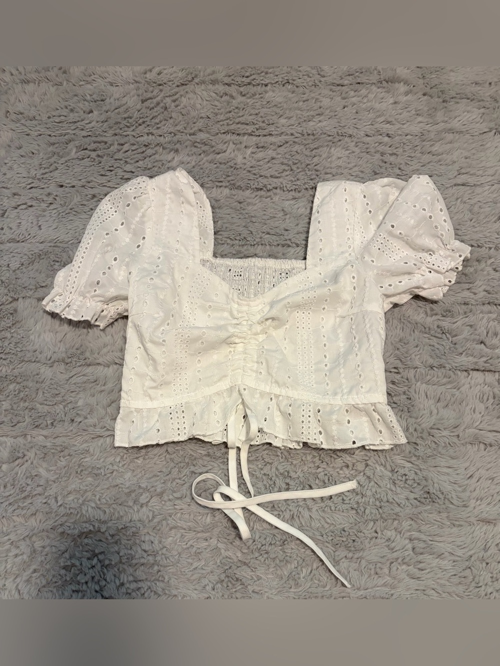White Eyelet Lace-Up Peasant Crop Top